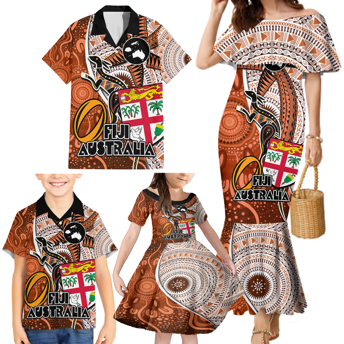 Personalised Fiji Australia Rugby Family Matching Mermaid Dress and Hawaiian Shirt Kangaroo and Palm Tree Orange Tapa Pattern Mix Aboriginal LT03 - Polynesian Pride