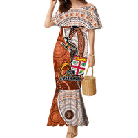 Personalised Fiji Australia Rugby Family Matching Mermaid Dress and Hawaiian Shirt Kangaroo and Palm Tree Orange Tapa Pattern Mix Aboriginal LT03 Mom's Dress Orange - Polynesian Pride
