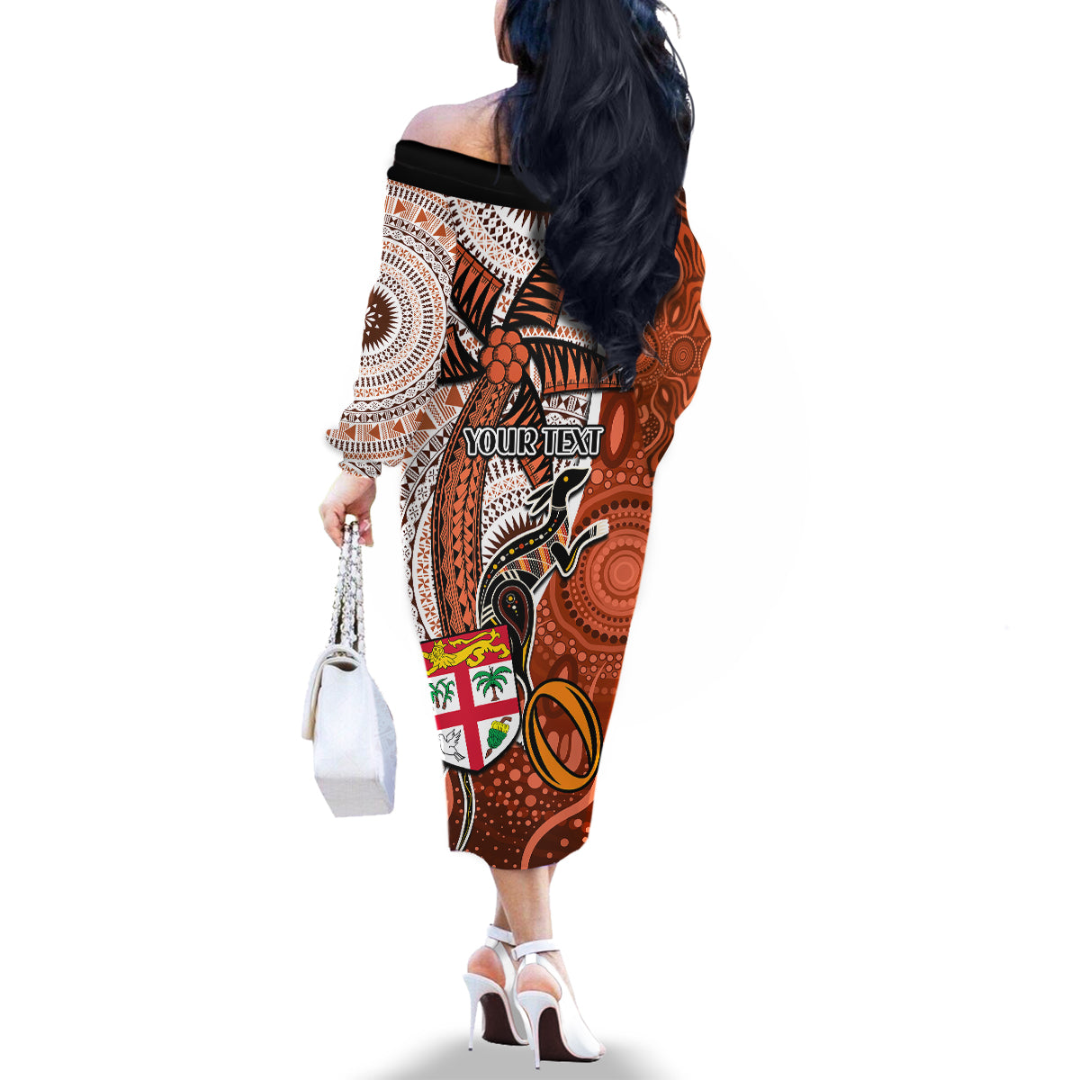 Personalised Fiji Australia Rugby Family Matching Off Shoulder Long Sleeve Dress and Hawaiian Shirt Kangaroo and Palm Tree Orange Tapa Pattern Mix Aboriginal LT03 - Polynesian Pride