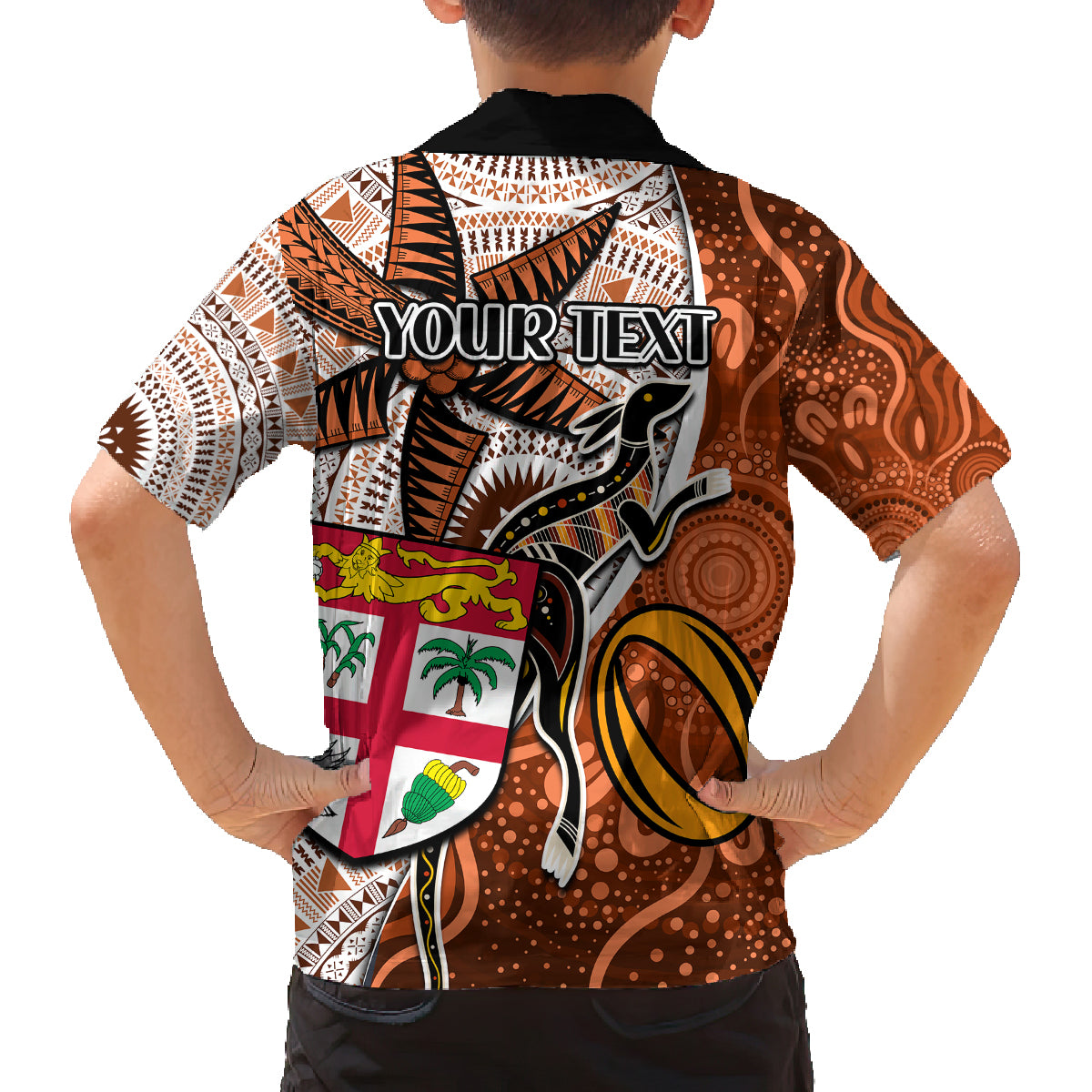Personalised Fiji Australia Rugby Family Matching Off Shoulder Maxi Dress and Hawaiian Shirt Kangaroo and Palm Tree Orange Tapa Pattern Mix Aboriginal LT03 - Polynesian Pride