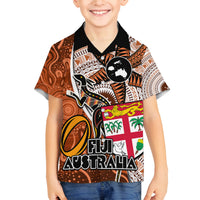 Personalised Fiji Australia Rugby Family Matching Off Shoulder Maxi Dress and Hawaiian Shirt Kangaroo and Palm Tree Orange Tapa Pattern Mix Aboriginal LT03 Son's Shirt Orange - Polynesian Pride