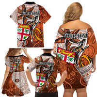 Personalised Fiji Australia Rugby Family Matching Off Shoulder Short Dress and Hawaiian Shirt Kangaroo and Palm Tree Orange Tapa Pattern Mix Aboriginal LT03 - Polynesian Pride