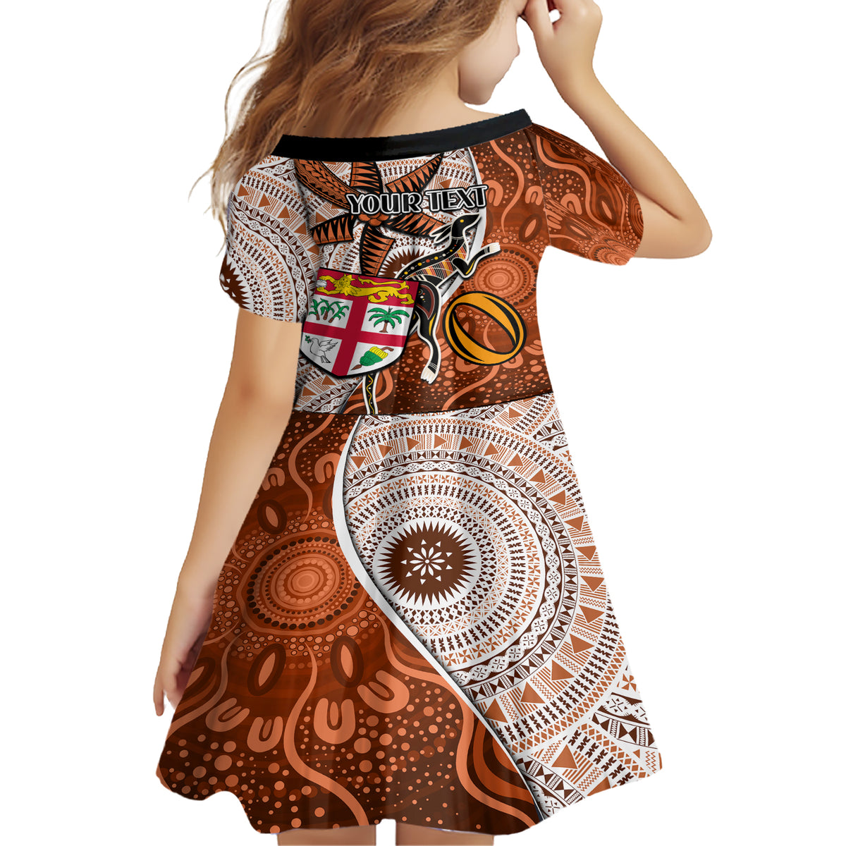 Personalised Fiji Australia Rugby Family Matching Short Sleeve Bodycon Dress and Hawaiian Shirt Kangaroo and Palm Tree Orange Tapa Pattern Mix Aboriginal LT03 - Polynesian Pride