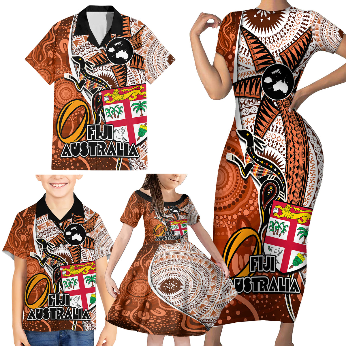 Personalised Fiji Australia Rugby Family Matching Short Sleeve Bodycon Dress and Hawaiian Shirt Kangaroo and Palm Tree Orange Tapa Pattern Mix Aboriginal LT03 - Polynesian Pride