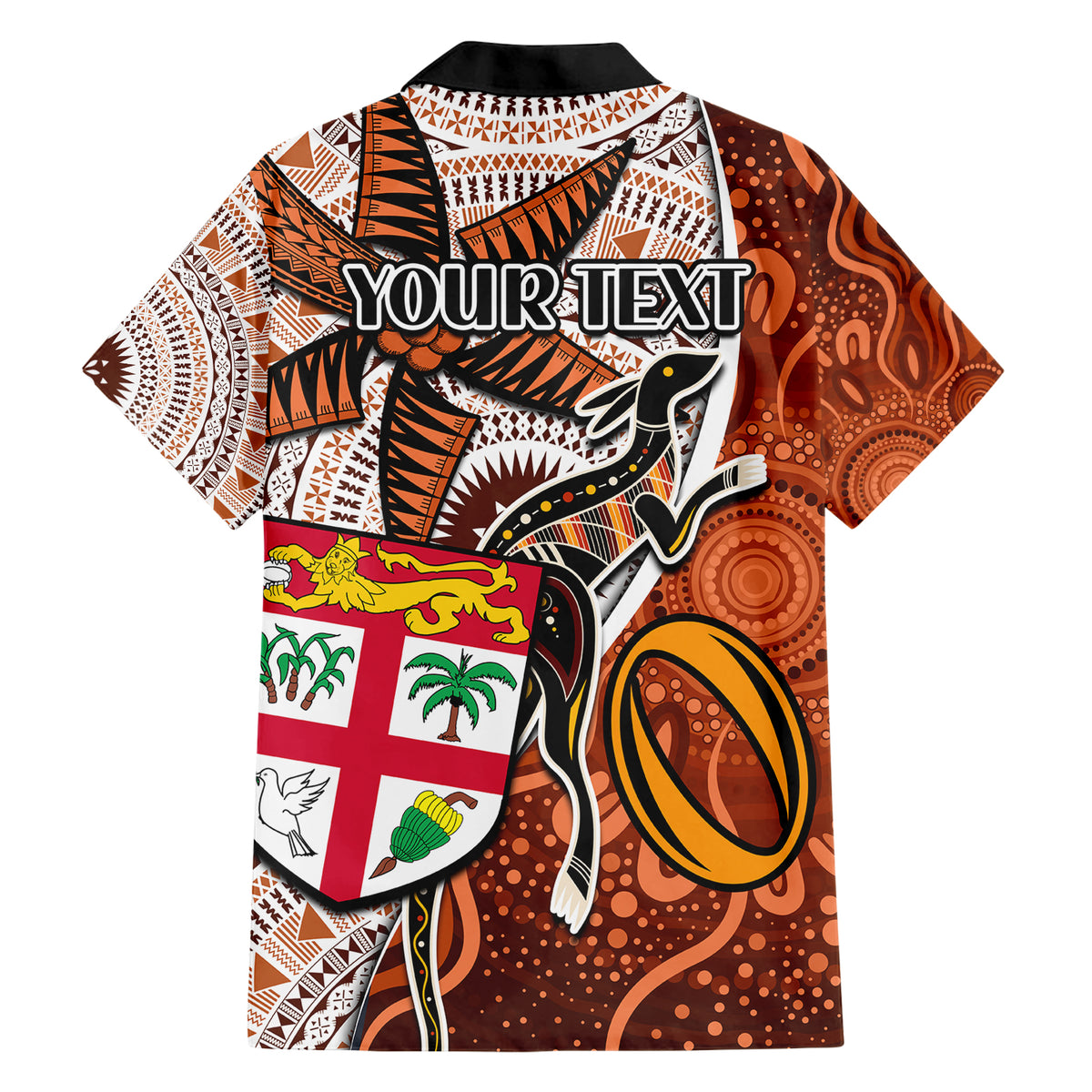 Personalised Fiji Australia Rugby Family Matching Short Sleeve Bodycon Dress and Hawaiian Shirt Kangaroo and Palm Tree Orange Tapa Pattern Mix Aboriginal LT03 - Polynesian Pride