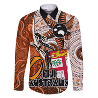 Personalised Fiji Australia Rugby Family Matching Short Sleeve Bodycon Dress and Hawaiian Shirt Kangaroo and Palm Tree Orange Tapa Pattern Mix Aboriginal LT03 Dad's Shirt - Long Sleeve Orange - Polynesian Pride