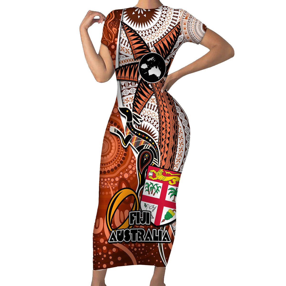 Personalised Fiji Australia Rugby Family Matching Short Sleeve Bodycon Dress and Hawaiian Shirt Kangaroo and Palm Tree Orange Tapa Pattern Mix Aboriginal LT03 Mom's Dress Orange - Polynesian Pride