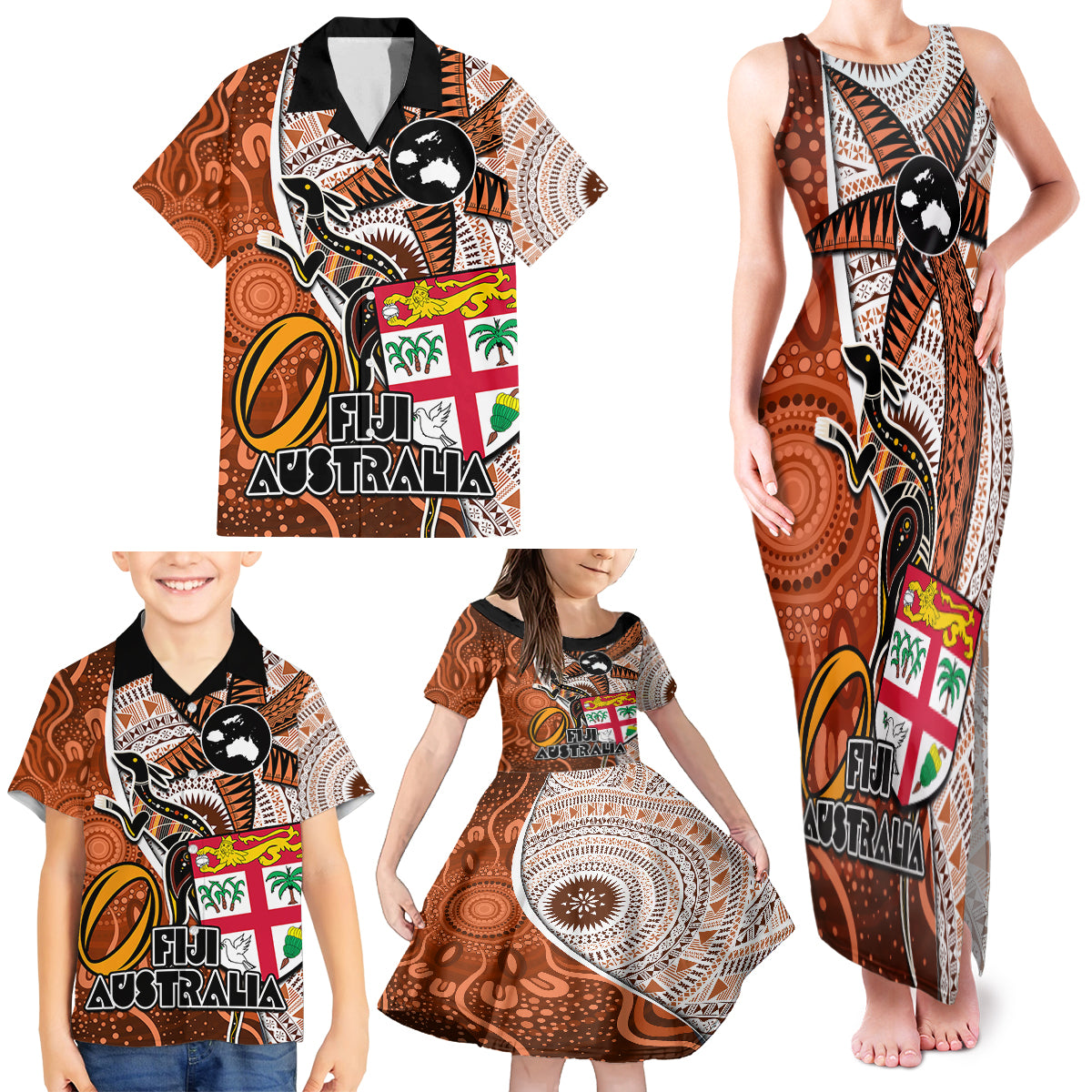 Personalised Fiji Australia Rugby Family Matching Tank Maxi Dress and Hawaiian Shirt Kangaroo and Palm Tree Orange Tapa Pattern Mix Aboriginal LT03 - Polynesian Pride