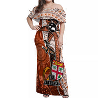 Personalised Fiji Australia Rugby Off Shoulder Maxi Dress Kangaroo and Palm Tree Orange Tapa Pattern Mix Aboriginal LT03 Women Orange - Polynesian Pride