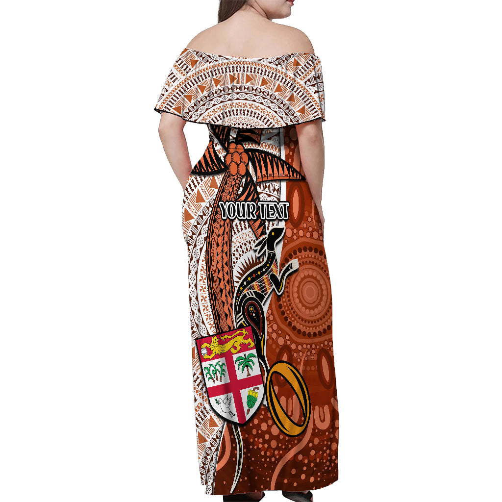 Personalised Fiji Australia Rugby Off Shoulder Maxi Dress Kangaroo and Palm Tree Orange Tapa Pattern Mix Aboriginal LT03 - Polynesian Pride