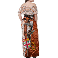 Personalised Fiji Australia Rugby Off Shoulder Maxi Dress Kangaroo and Palm Tree Orange Tapa Pattern Mix Aboriginal LT03 - Polynesian Pride