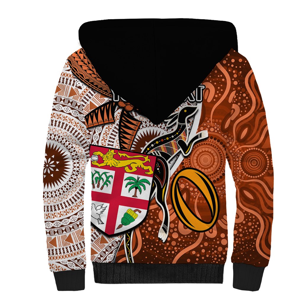 Personalised Fiji Australia Rugby Sherpa Hoodie Kangaroo and Palm Tree Orange Tapa Pattern Mix Aboriginal LT03 - Polynesian Pride