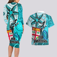 Fiji Australia Rugby Couples Matching Long Sleeve Bodycon Dress and Hawaiian Shirt Kangaroo and Palm Tree Blue Tapa Pattern Mix Aboriginal LT03 - Polynesian Pride