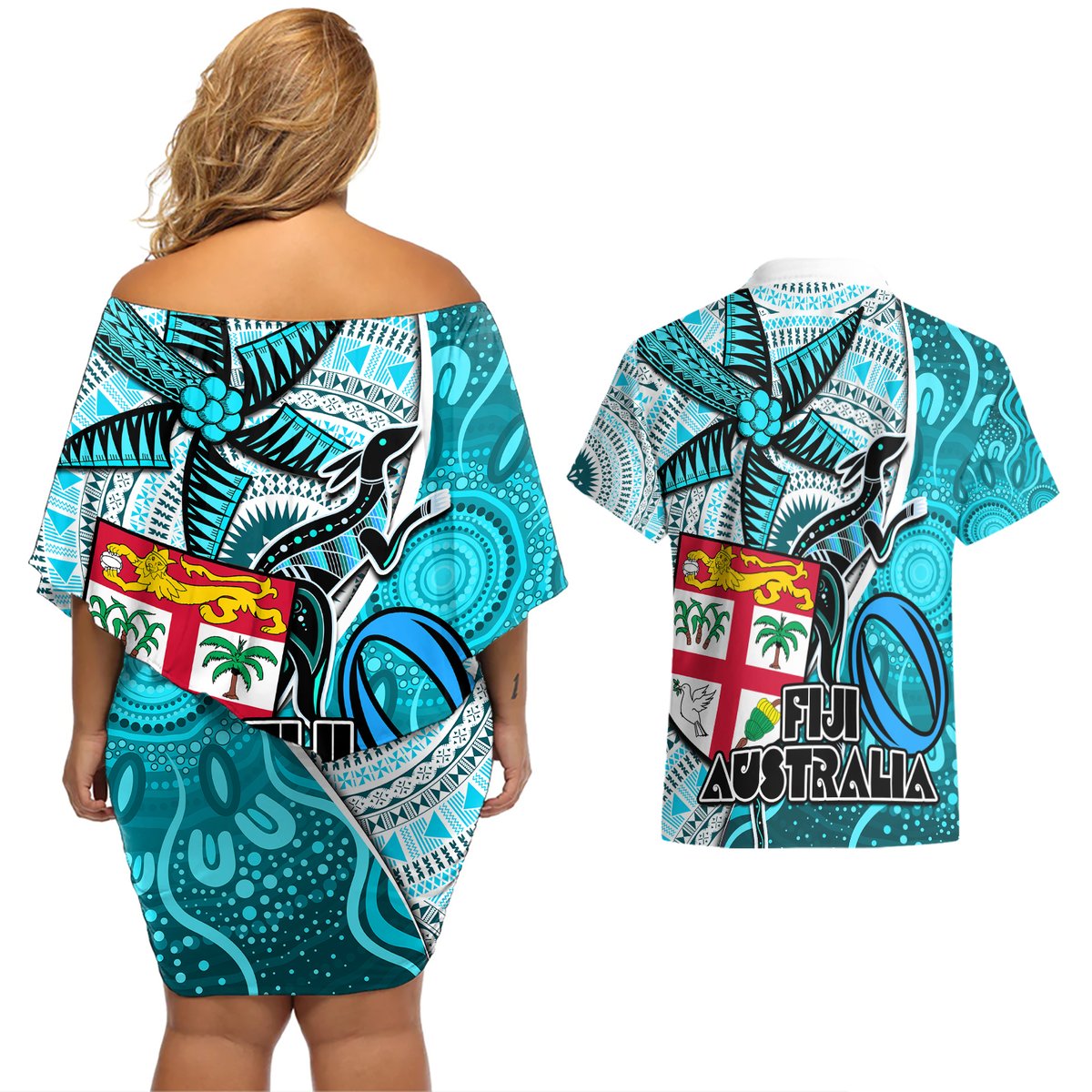fiji-australia-rugby-couples-matching-off-shoulder-short-dress-and-hawaiian-shirt-kangaroo-and-palm-tree-blue-tapa-pattern-mix-aboriginal