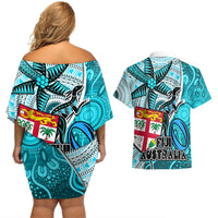 fiji-australia-rugby-couples-matching-off-shoulder-short-dress-and-hawaiian-shirt-kangaroo-and-palm-tree-blue-tapa-pattern-mix-aboriginal