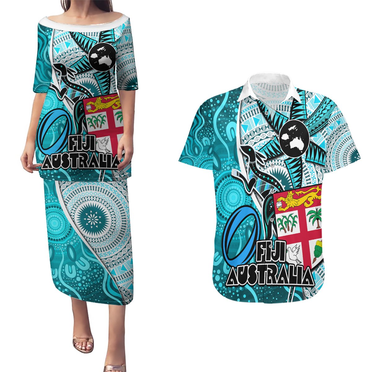 fiji-australia-rugby-couples-matching-puletasi-dress-and-hawaiian-shirt-kangaroo-and-palm-tree-blue-tapa-pattern-mix-aboriginal