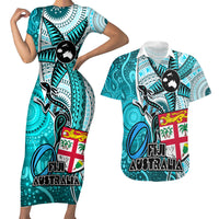 Fiji Australia Rugby Couples Matching Short Sleeve Bodycon Dress and Hawaiian Shirt Kangaroo and Palm Tree Blue Tapa Pattern Mix Aboriginal LT03 Blue - Polynesian Pride