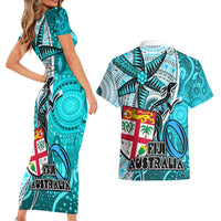 Fiji Australia Rugby Couples Matching Short Sleeve Bodycon Dress and Hawaiian Shirt Kangaroo and Palm Tree Blue Tapa Pattern Mix Aboriginal LT03 - Polynesian Pride