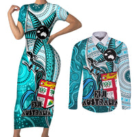 fiji-australia-rugby-couples-matching-short-sleeve-bodycon-dress-and-long-sleeve-button-shirts-kangaroo-and-palm-tree-blue-tapa-pattern-mix-aboriginal