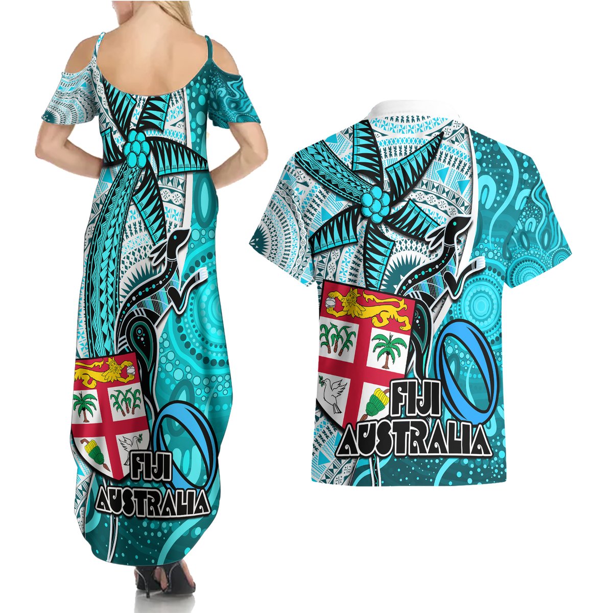 fiji-australia-rugby-couples-matching-summer-maxi-dress-and-hawaiian-shirt-kangaroo-and-palm-tree-blue-tapa-pattern-mix-aboriginal