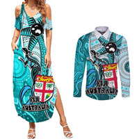 fiji-australia-rugby-couples-matching-summer-maxi-dress-and-long-sleeve-button-shirts-kangaroo-and-palm-tree-blue-tapa-pattern-mix-aboriginal