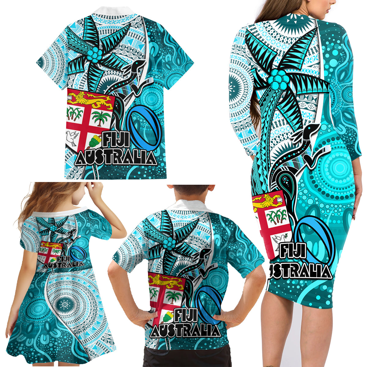 Fiji Australia Rugby Family Matching Long Sleeve Bodycon Dress and Hawaiian Shirt Kangaroo and Palm Tree Blue Tapa Pattern Mix Aboriginal LT03 - Polynesian Pride