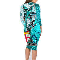 Fiji Australia Rugby Family Matching Long Sleeve Bodycon Dress and Hawaiian Shirt Kangaroo and Palm Tree Blue Tapa Pattern Mix Aboriginal LT03 - Polynesian Pride