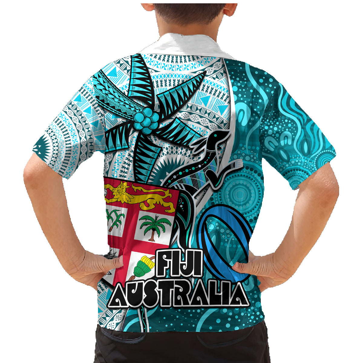 Fiji Australia Rugby Family Matching Mermaid Dress and Hawaiian Shirt Kangaroo and Palm Tree Blue Tapa Pattern Mix Aboriginal LT03 - Polynesian Pride