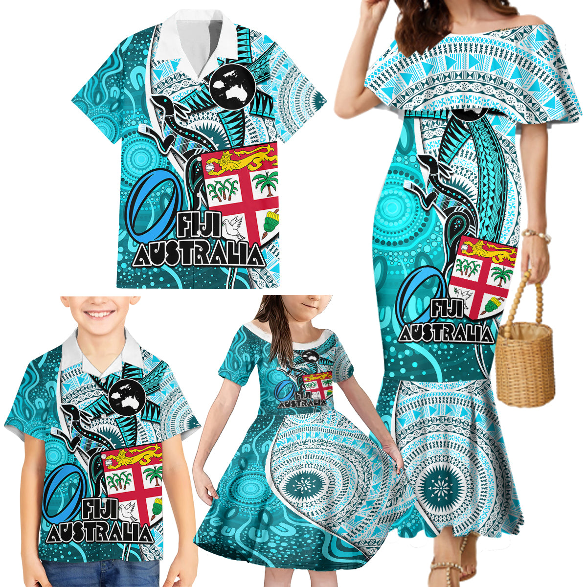 Fiji Australia Rugby Family Matching Mermaid Dress and Hawaiian Shirt Kangaroo and Palm Tree Blue Tapa Pattern Mix Aboriginal LT03 - Polynesian Pride