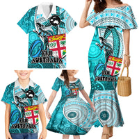 Fiji Australia Rugby Family Matching Mermaid Dress and Hawaiian Shirt Kangaroo and Palm Tree Blue Tapa Pattern Mix Aboriginal LT03 - Polynesian Pride