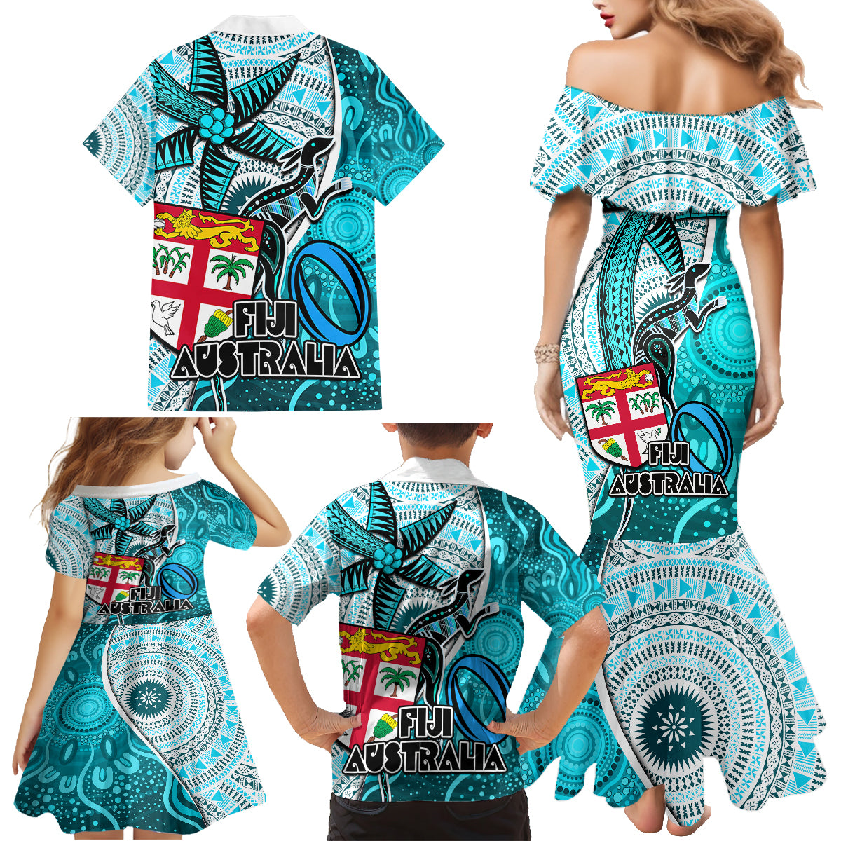 Fiji Australia Rugby Family Matching Mermaid Dress and Hawaiian Shirt Kangaroo and Palm Tree Blue Tapa Pattern Mix Aboriginal LT03 - Polynesian Pride