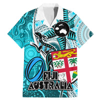 Fiji Australia Rugby Family Matching Mermaid Dress and Hawaiian Shirt Kangaroo and Palm Tree Blue Tapa Pattern Mix Aboriginal LT03 Dad's Shirt - Short Sleeve Blue - Polynesian Pride