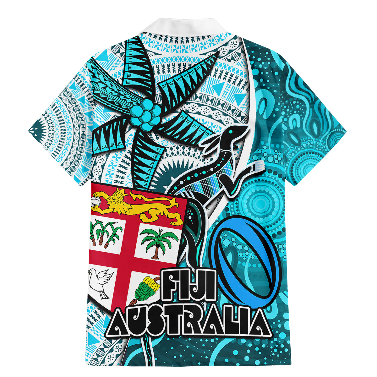 Fiji Australia Rugby Family Matching Mermaid Dress and Hawaiian Shirt Kangaroo and Palm Tree Blue Tapa Pattern Mix Aboriginal LT03 - Polynesian Pride