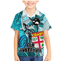 Fiji Australia Rugby Family Matching Mermaid Dress and Hawaiian Shirt Kangaroo and Palm Tree Blue Tapa Pattern Mix Aboriginal LT03 Son's Shirt Blue - Polynesian Pride