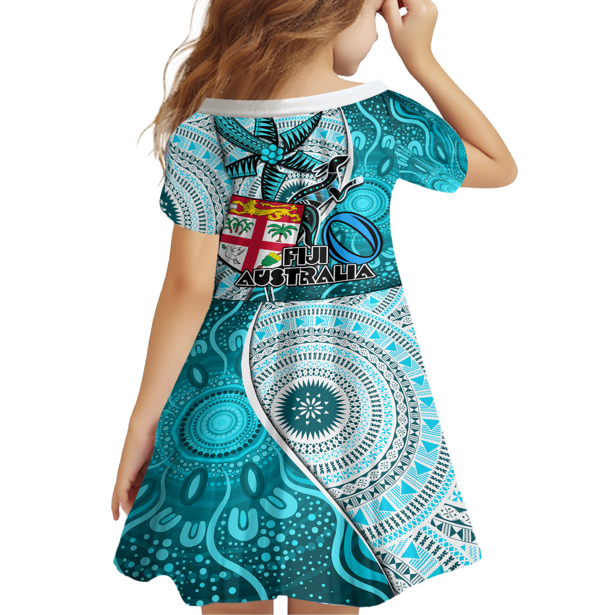 Fiji Australia Rugby Family Matching Off Shoulder Long Sleeve Dress and Hawaiian Shirt Kangaroo and Palm Tree Blue Tapa Pattern Mix Aboriginal LT03 - Polynesian Pride