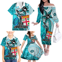 Fiji Australia Rugby Family Matching Off Shoulder Long Sleeve Dress and Hawaiian Shirt Kangaroo and Palm Tree Blue Tapa Pattern Mix Aboriginal LT03 - Polynesian Pride