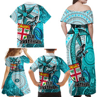Fiji Australia Rugby Family Matching Off Shoulder Long Sleeve Dress and Hawaiian Shirt Kangaroo and Palm Tree Blue Tapa Pattern Mix Aboriginal LT03 - Polynesian Pride