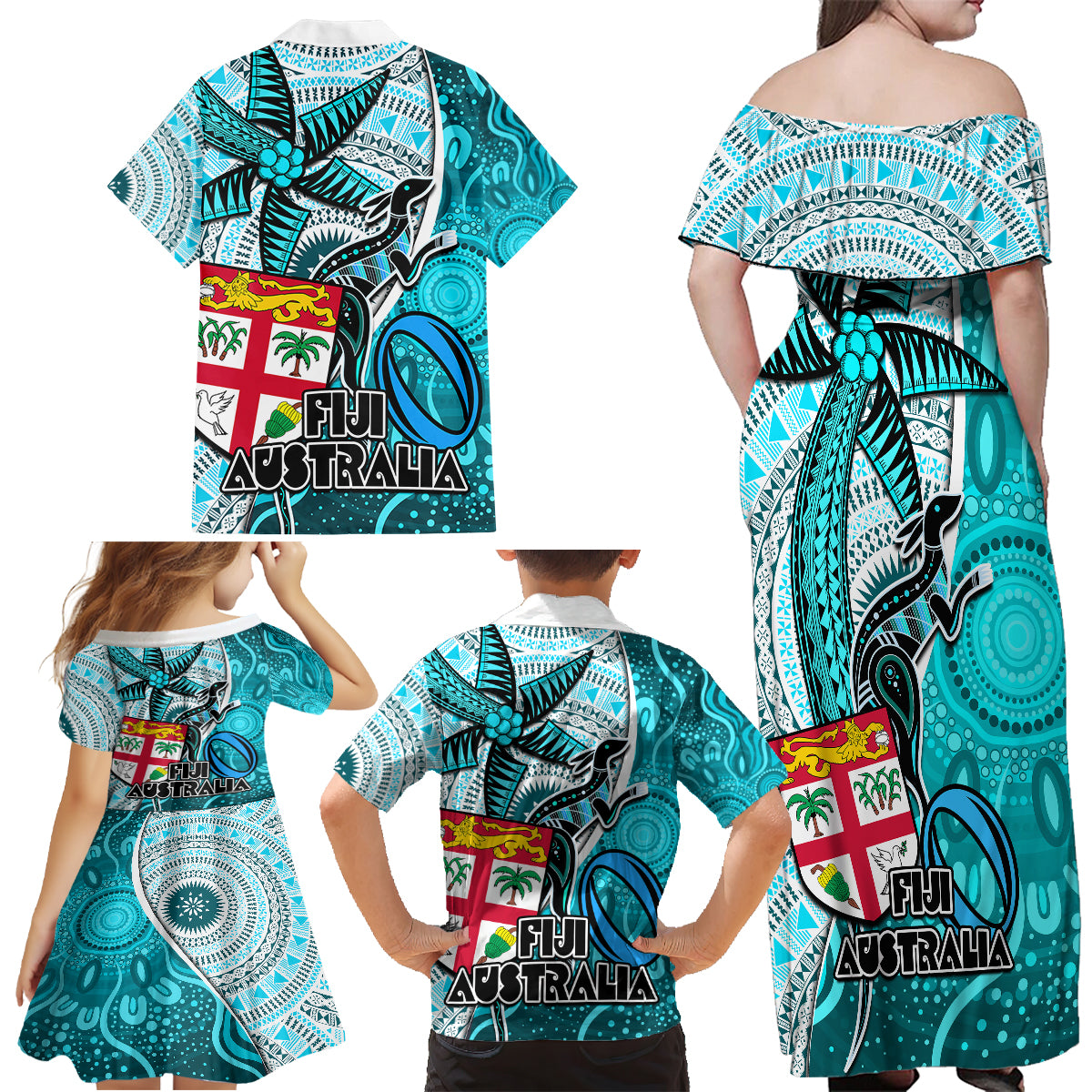 Fiji Australia Rugby Family Matching Off Shoulder Maxi Dress and Hawaiian Shirt Kangaroo and Palm Tree Blue Tapa Pattern Mix Aboriginal LT03 - Polynesian Pride
