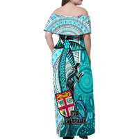 Fiji Australia Rugby Family Matching Off Shoulder Maxi Dress and Hawaiian Shirt Kangaroo and Palm Tree Blue Tapa Pattern Mix Aboriginal LT03 - Polynesian Pride