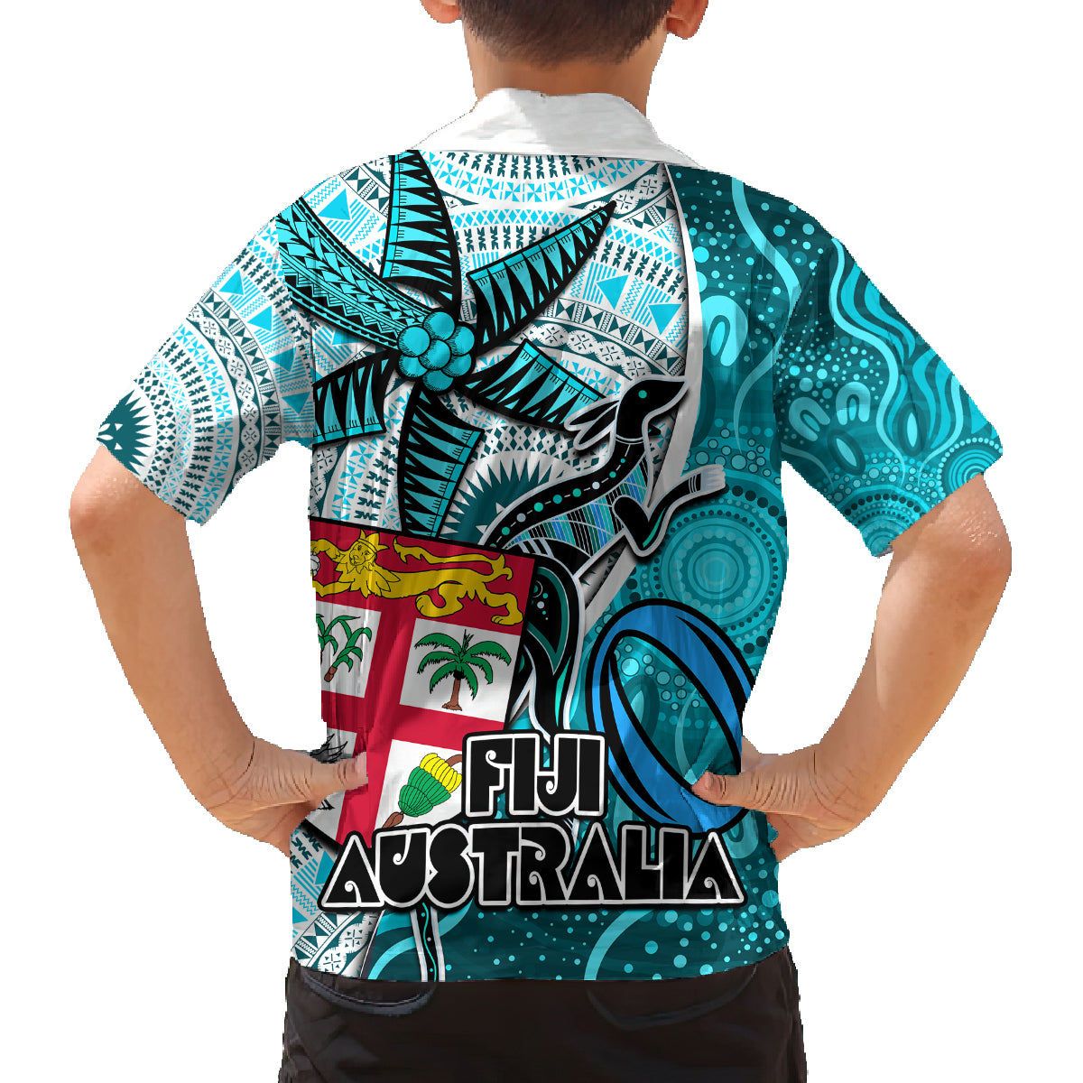 Fiji Australia Rugby Family Matching Off Shoulder Short Dress and Hawaiian Shirt Kangaroo and Palm Tree Blue Tapa Pattern Mix Aboriginal LT03 - Polynesian Pride