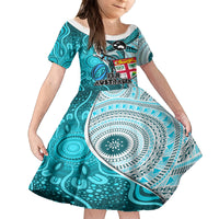 Fiji Australia Rugby Family Matching Off Shoulder Short Dress and Hawaiian Shirt Kangaroo and Palm Tree Blue Tapa Pattern Mix Aboriginal LT03 Daughter's Dress Blue - Polynesian Pride