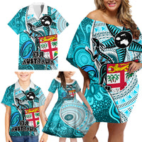 Fiji Australia Rugby Family Matching Off Shoulder Short Dress and Hawaiian Shirt Kangaroo and Palm Tree Blue Tapa Pattern Mix Aboriginal LT03 - Polynesian Pride
