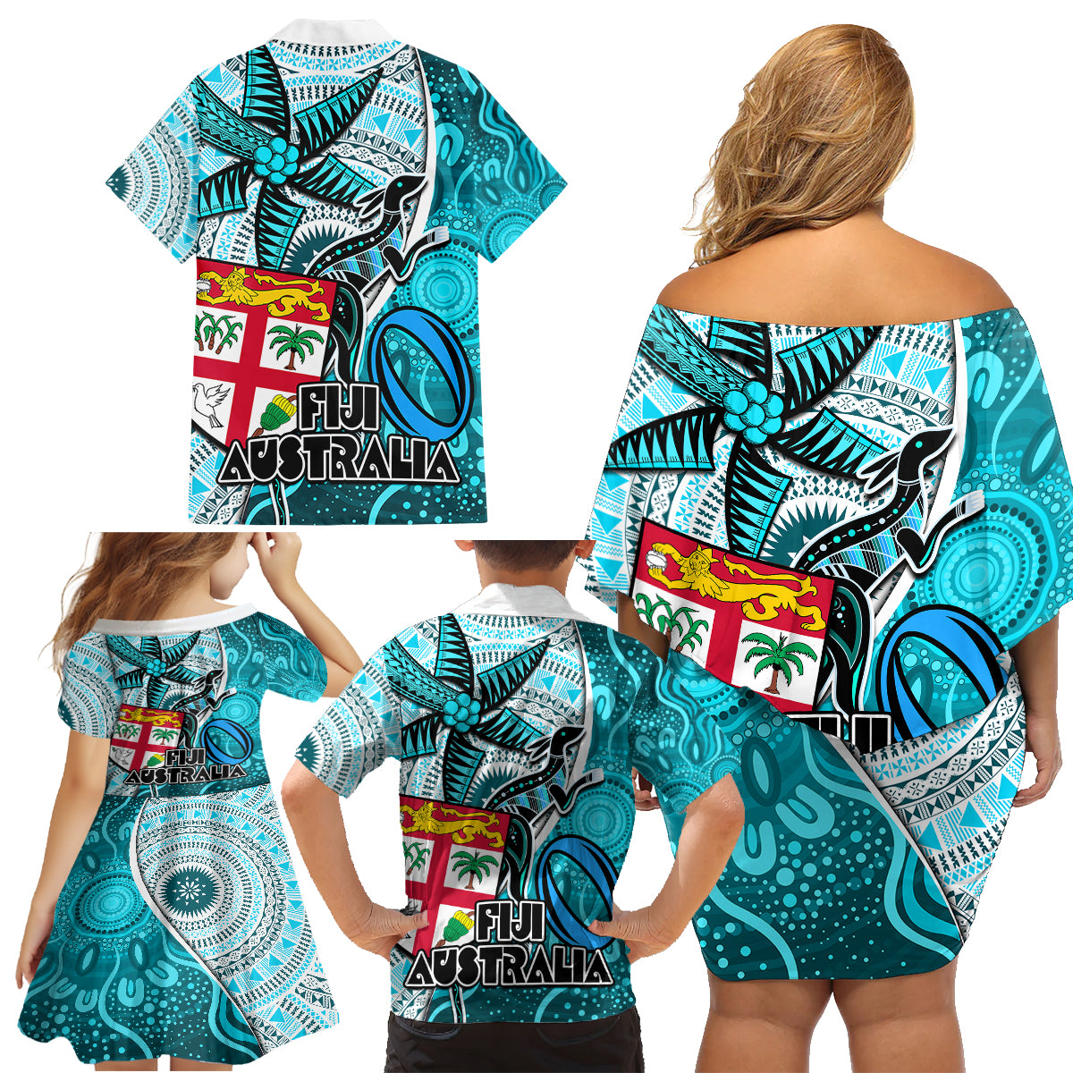 Fiji Australia Rugby Family Matching Off Shoulder Short Dress and Hawaiian Shirt Kangaroo and Palm Tree Blue Tapa Pattern Mix Aboriginal LT03 - Polynesian Pride