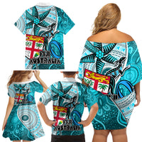 Fiji Australia Rugby Family Matching Off Shoulder Short Dress and Hawaiian Shirt Kangaroo and Palm Tree Blue Tapa Pattern Mix Aboriginal LT03 - Polynesian Pride