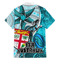 Fiji Australia Rugby Family Matching Off Shoulder Short Dress and Hawaiian Shirt Kangaroo and Palm Tree Blue Tapa Pattern Mix Aboriginal LT03 - Polynesian Pride