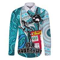 Fiji Australia Rugby Family Matching Off Shoulder Short Dress and Hawaiian Shirt Kangaroo and Palm Tree Blue Tapa Pattern Mix Aboriginal LT03 Dad's Shirt - Long Sleeve Blue - Polynesian Pride