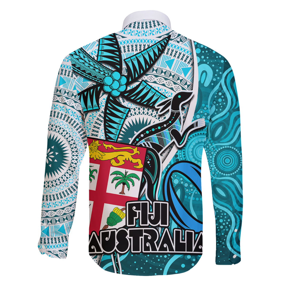 Fiji Australia Rugby Family Matching Off Shoulder Short Dress and Hawaiian Shirt Kangaroo and Palm Tree Blue Tapa Pattern Mix Aboriginal LT03 - Polynesian Pride