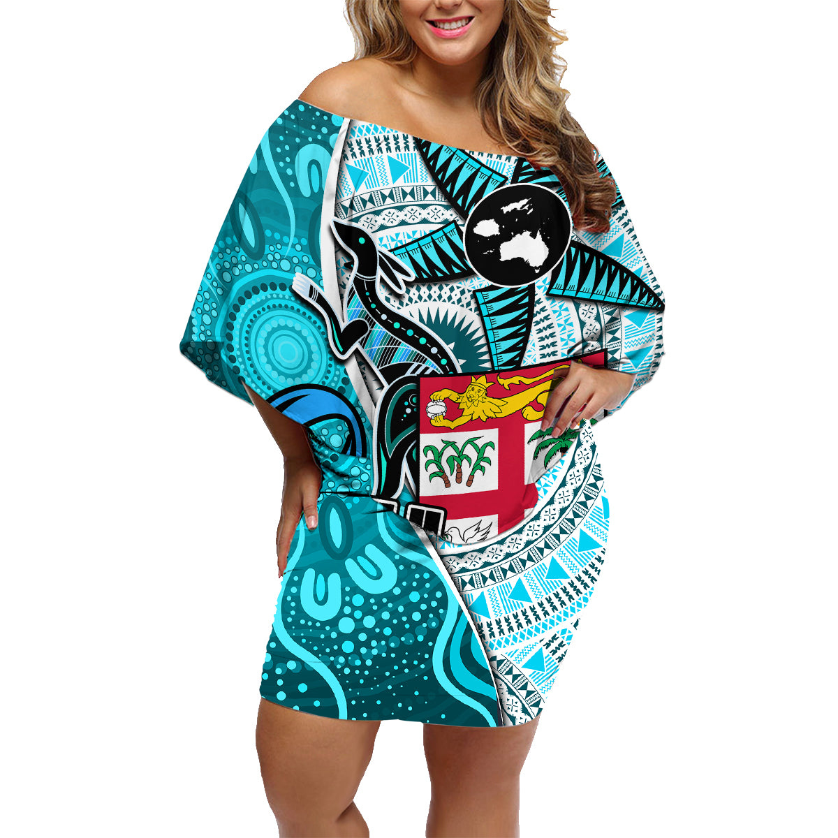 Fiji Australia Rugby Family Matching Off Shoulder Short Dress and Hawaiian Shirt Kangaroo and Palm Tree Blue Tapa Pattern Mix Aboriginal LT03 Mom's Dress Blue - Polynesian Pride