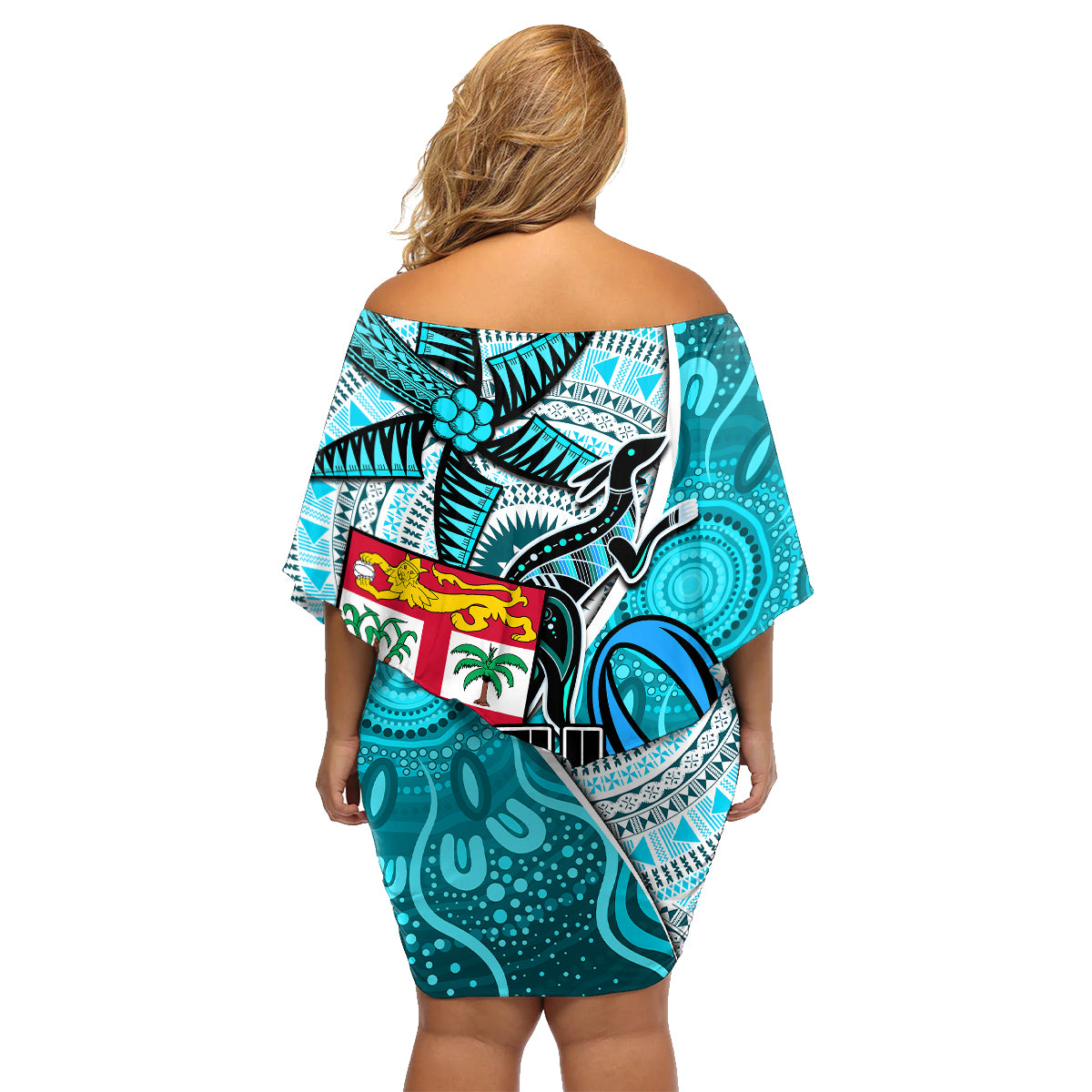 Fiji Australia Rugby Family Matching Off Shoulder Short Dress and Hawaiian Shirt Kangaroo and Palm Tree Blue Tapa Pattern Mix Aboriginal LT03 - Polynesian Pride