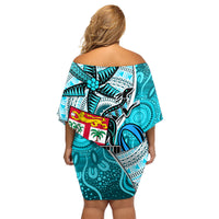 Fiji Australia Rugby Family Matching Off Shoulder Short Dress and Hawaiian Shirt Kangaroo and Palm Tree Blue Tapa Pattern Mix Aboriginal LT03 - Polynesian Pride